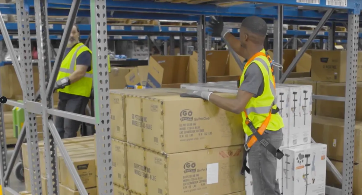 Warehouse safety training scene from a Chewy Safety Series video produced in Dallas