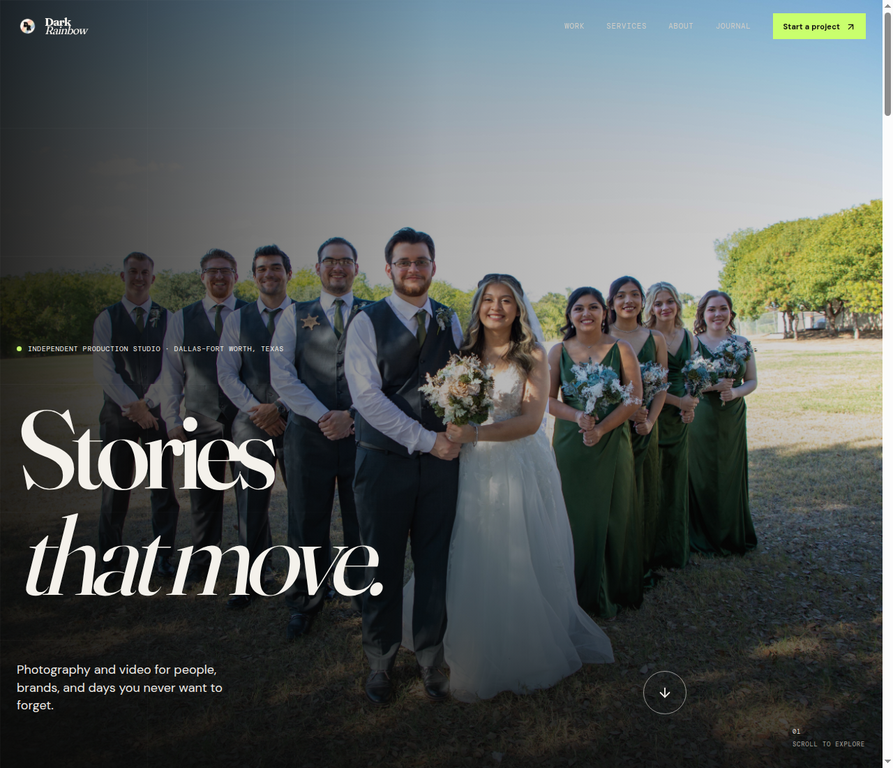 Current Dark Rainbow homepage with independent production-studio positioning and a project call to action