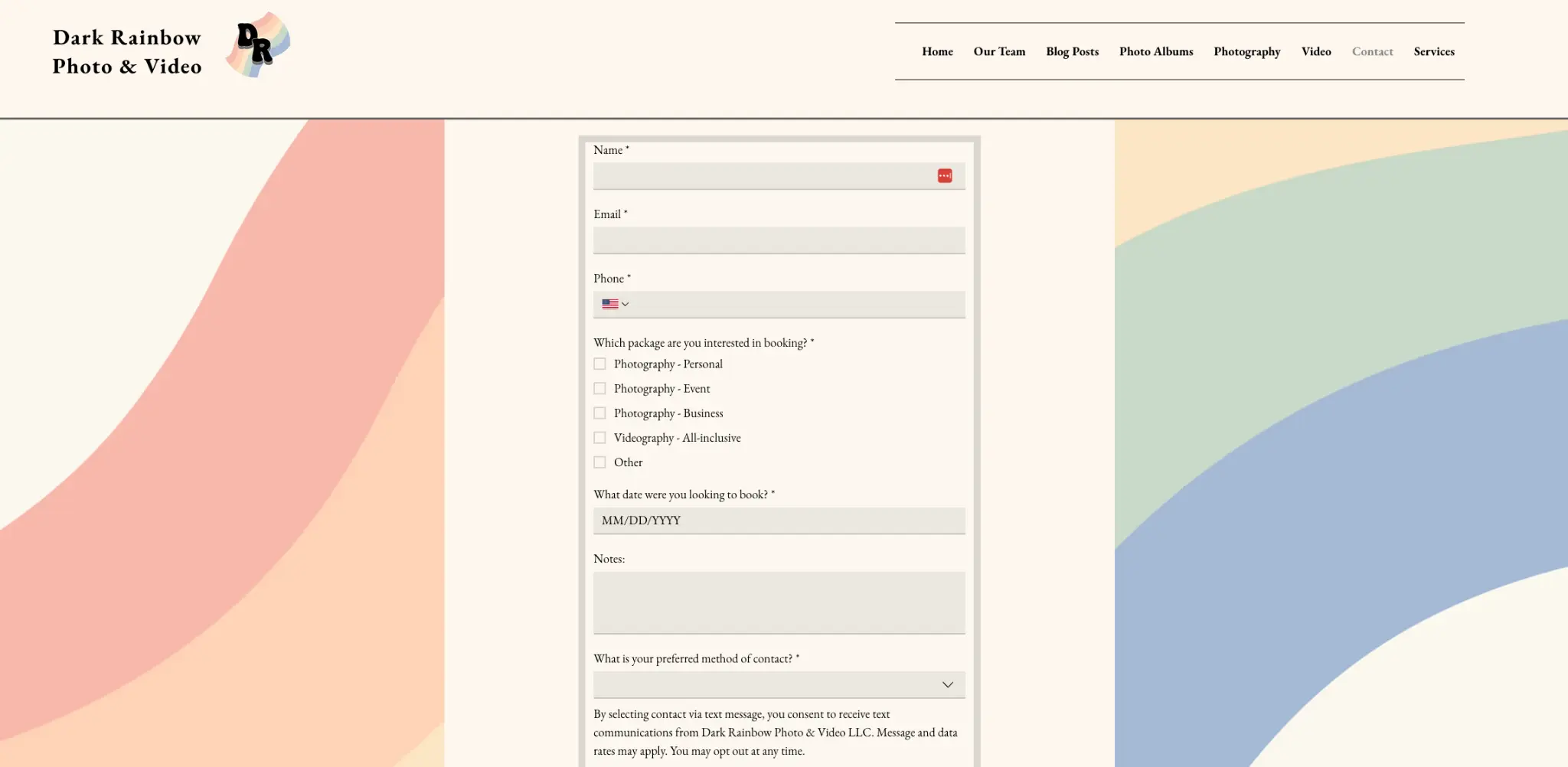 Previous Dark Rainbow public inquiry form with package selection and project fields