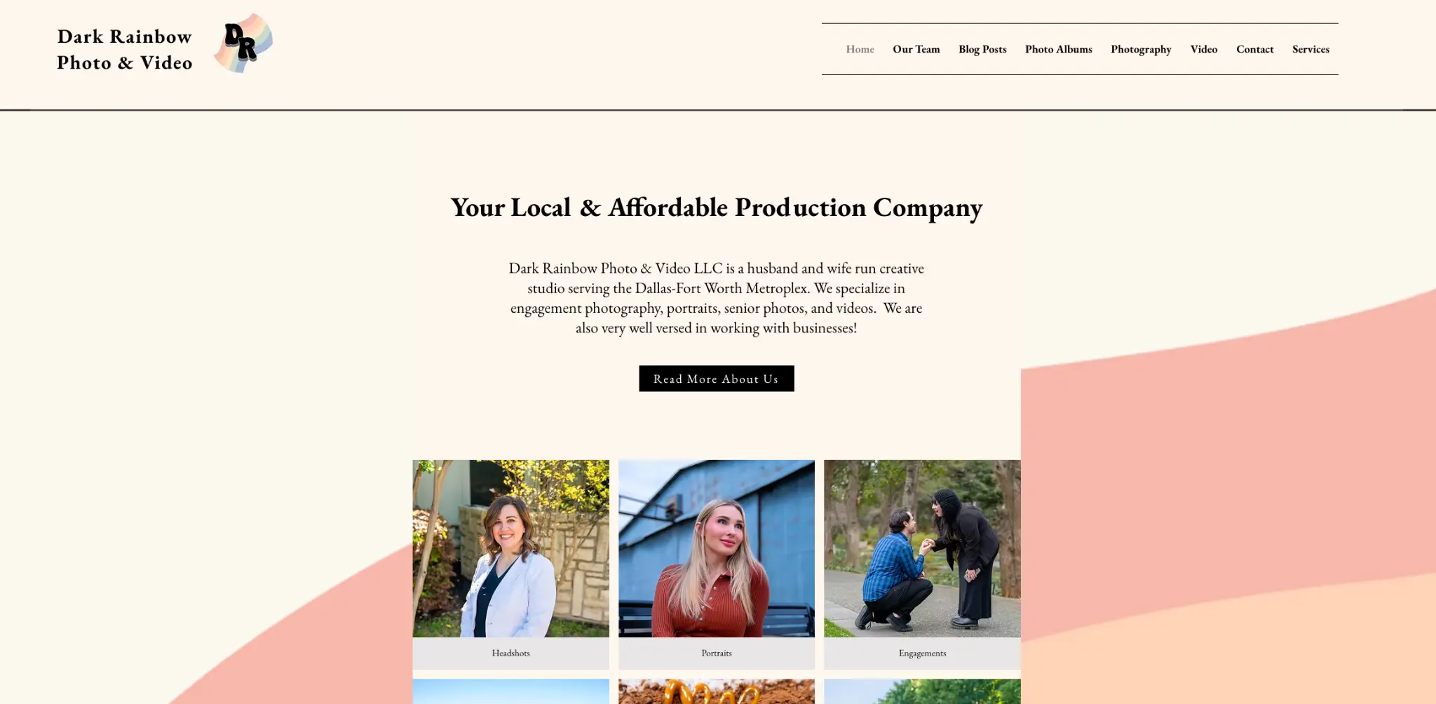 Previous Dark Rainbow public homepage with the former navigation, photography categories, and local production-company message