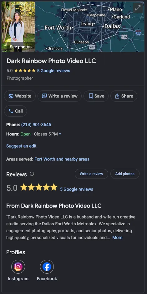Google Business Profile panel for Dark Rainbow Photo Video showing a 5.0 rating from five reviews.