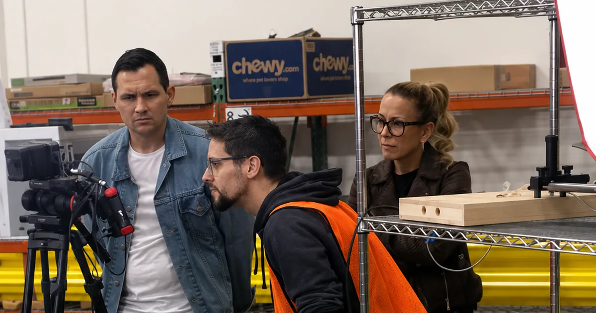 Michael Carpenter, in the denim jacket, directing a shot at a Chewy facility in Dallas