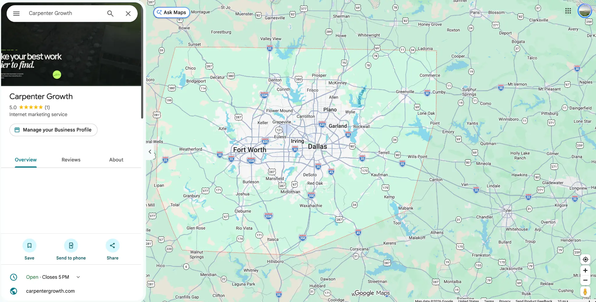 Carpenter Growth's Business Profile on Google Maps. A dotted outline shows its service area across Dallas–Fort Worth and the surrounding counties, and no street address is shown.